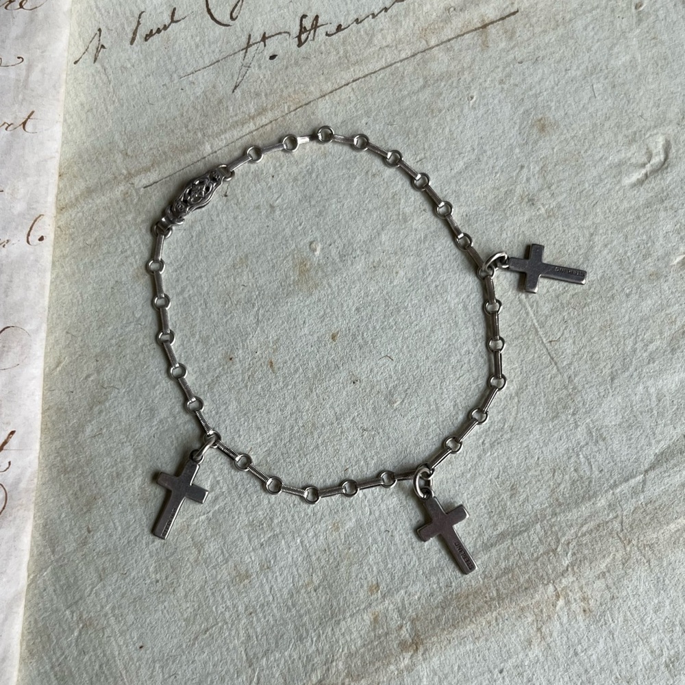 Holy Trinity Charm Bracelet Vintage Antique Sterling Silver Cross Chain Bracelet